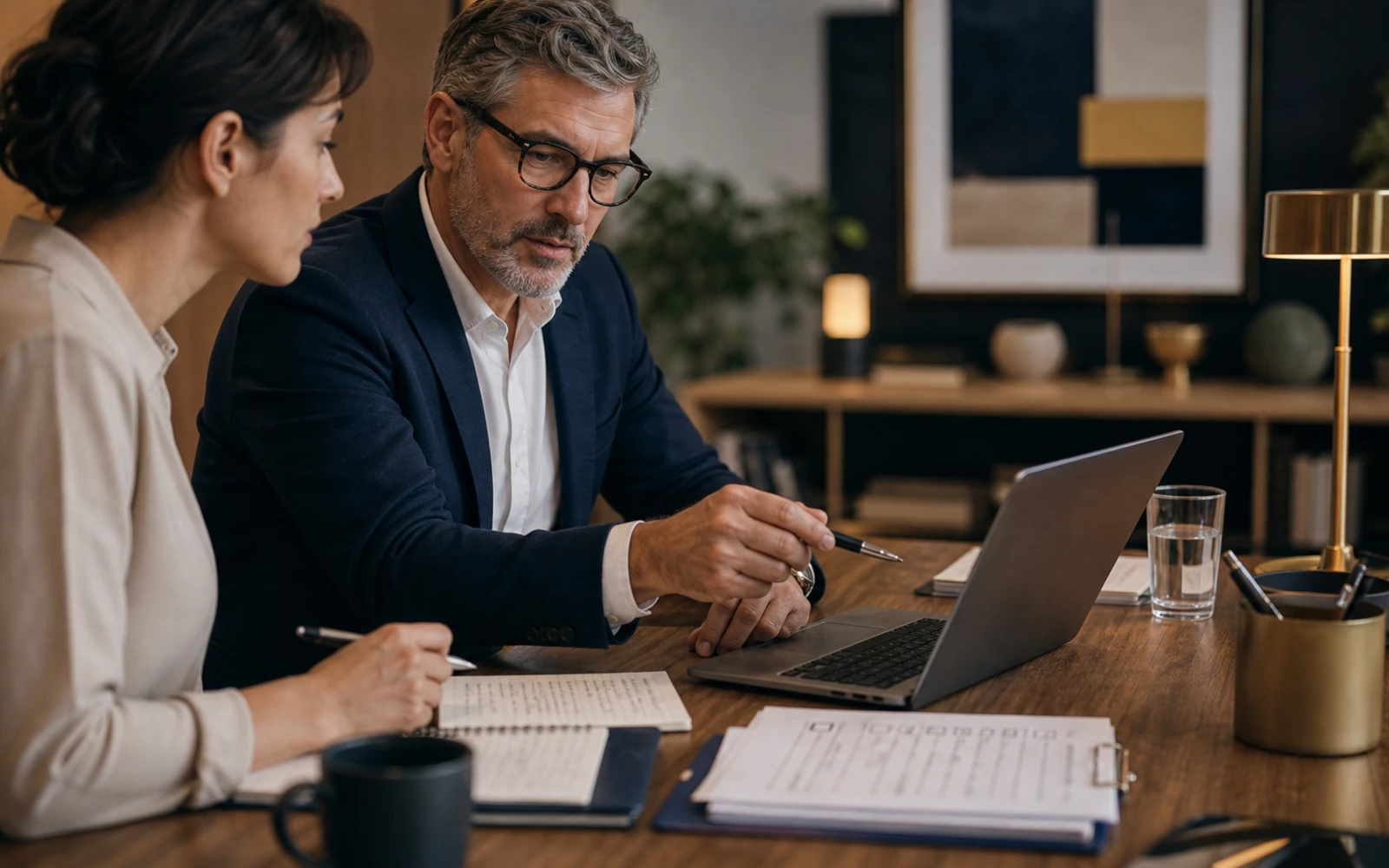 The AI-Fluent Leader: Practical AI Literacy: A leader reviewing an AI-generated brief with check marks, source cards, and a calm verification workspace.
