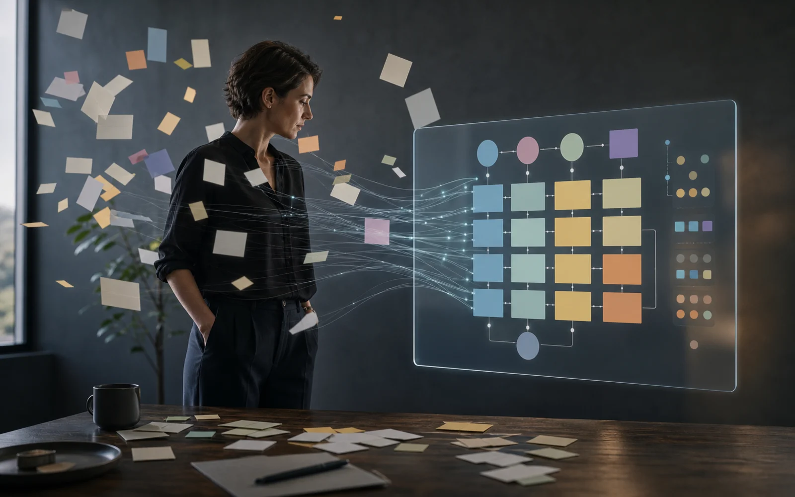 From Brain Dump to Productivity: Real Work Done with AI: A messy handwritten note transformed into a clean workflow card beside a laptop with no visible brand.