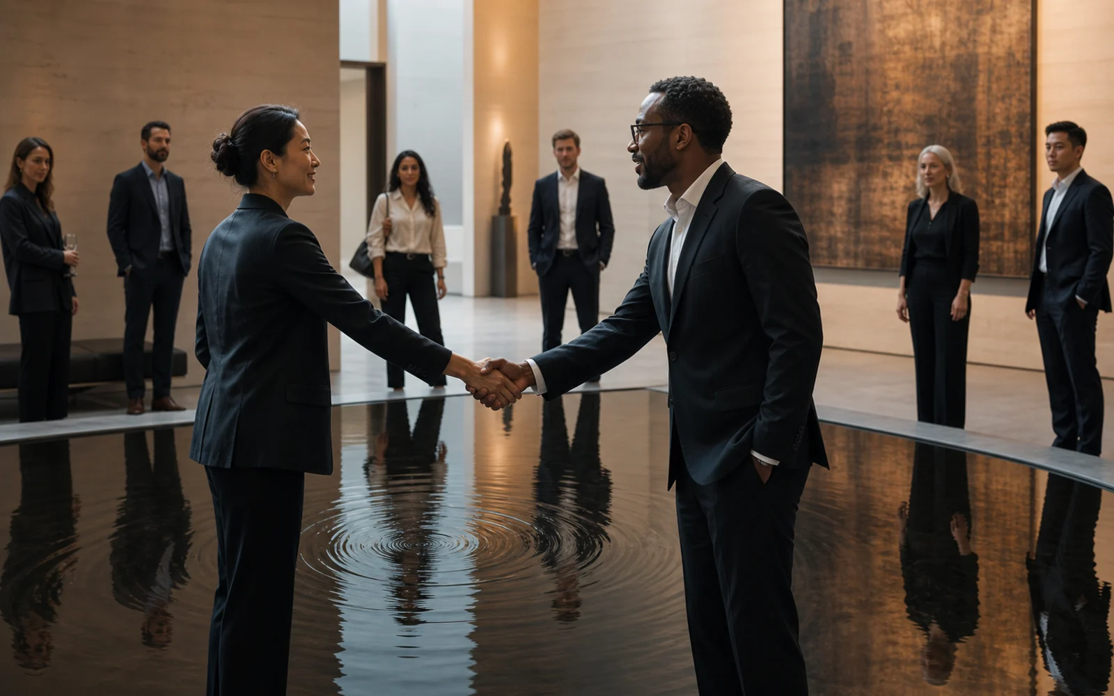 Crafting Lasting Impressions: Executive Presence That Sticks: A blank note card under a focused spotlight with a microphone shadow crossing the corner.