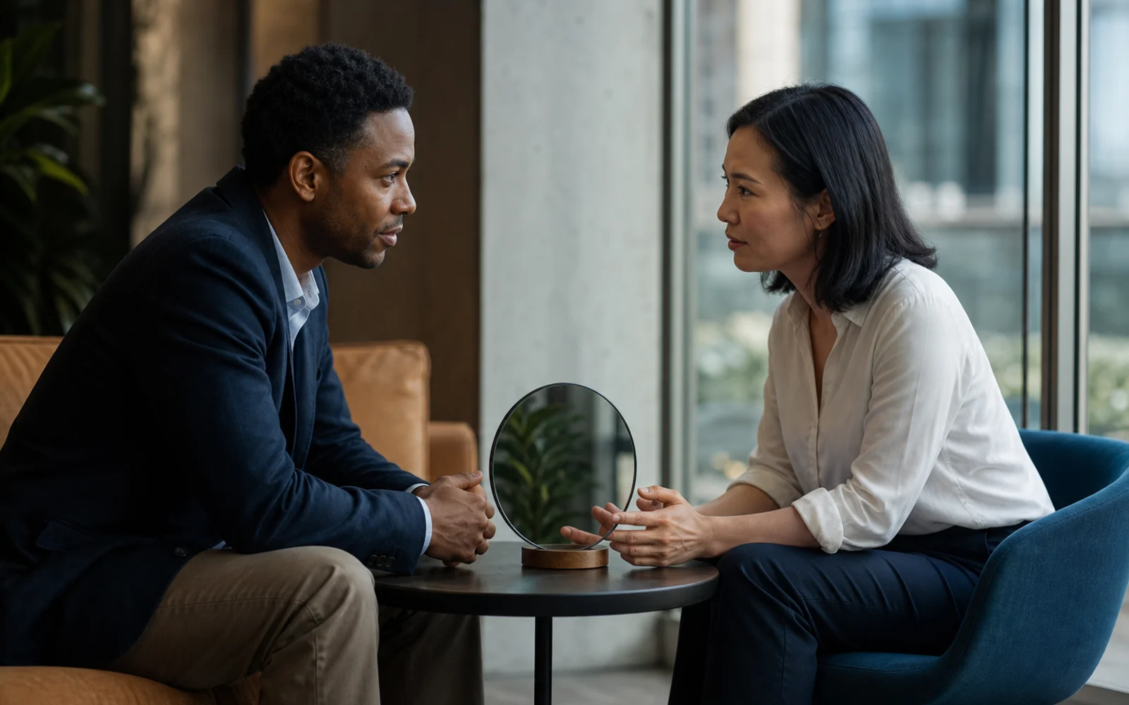 How to Run Effective 1-on-1s: Best Practice in 2026: Two notebooks facing each other across a small table, one with an employee-owned agenda card on top.
