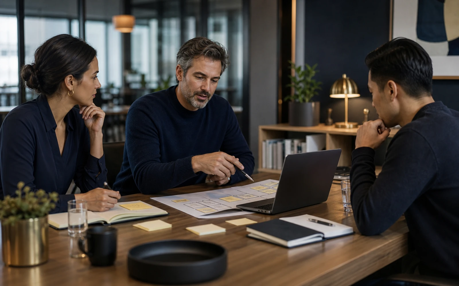 Leading Human-AI Teams: A team table with three clear work lanes labelled by icons only: human judgment, AI support, and shared review.