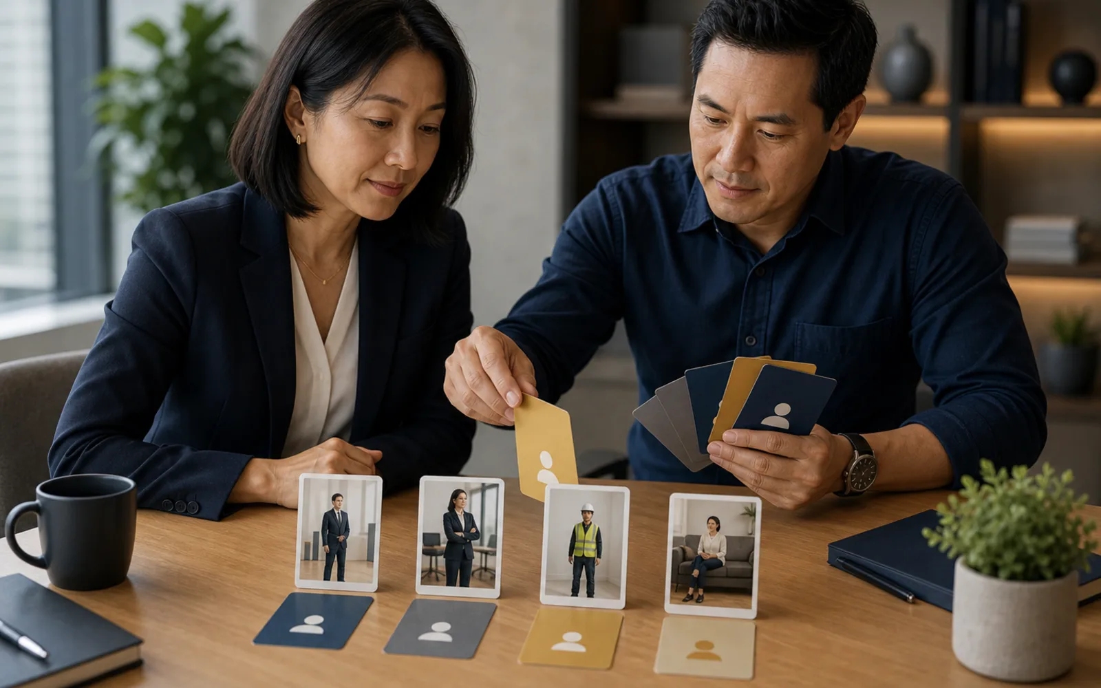 Mastering Leadership Styles: How to Flex to Person and Situation: A set of four leadership cue cards on a clean desk, each angled differently around one team photo.