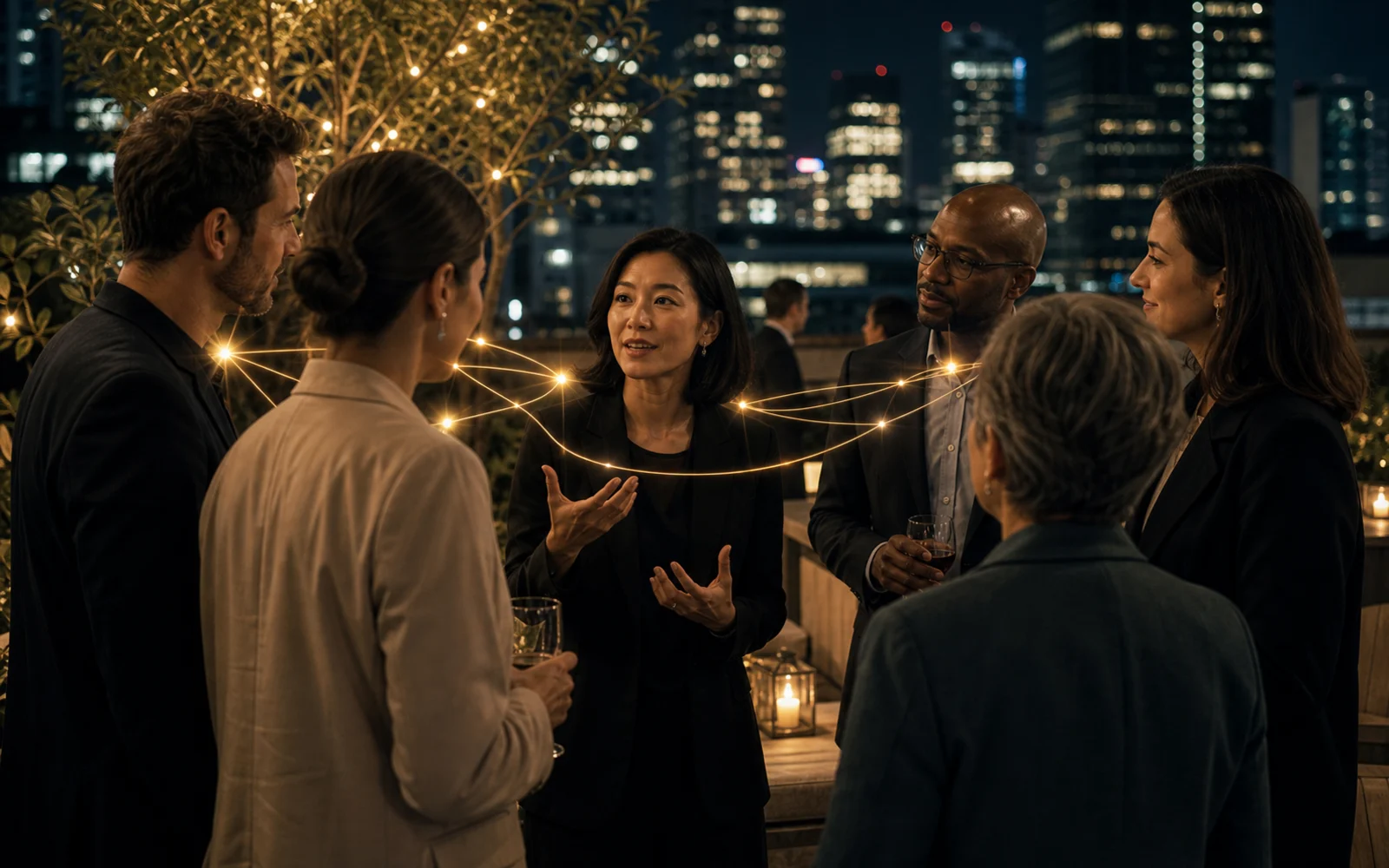 How to Be Memorable: Networking through Story, Not Pitch: Three personal story cards beside a conference name badge with the job title crossed out lightly.